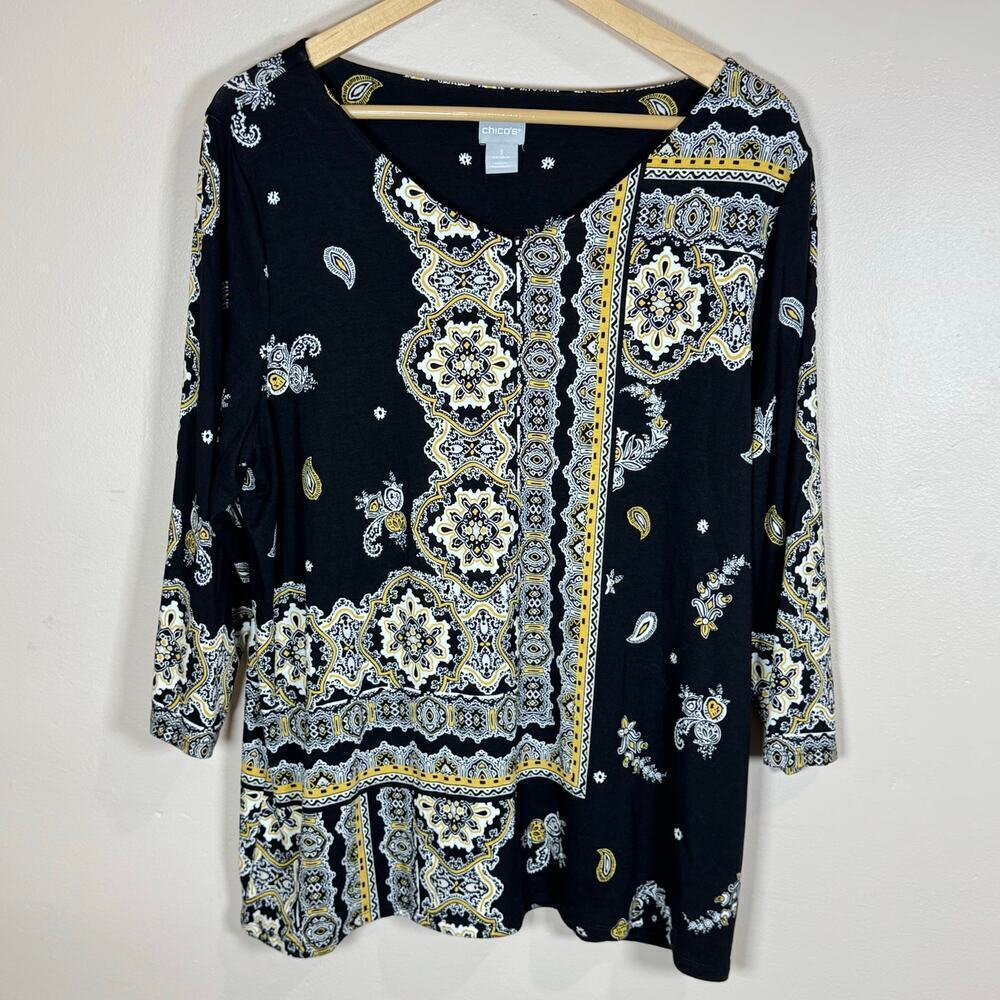 Chicos Womens Blouse 3/4 Sleeve Paisley size XL Yellow Black Rayon Stretch